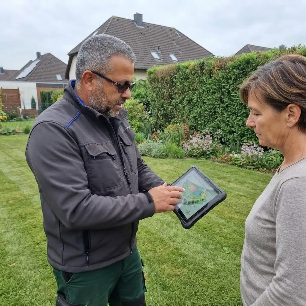 Bashkim Selmani bespricht die Gartenplanung anhand eines Plans mit einer Kundin